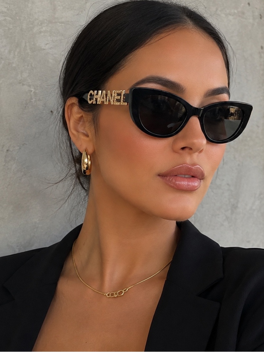 Black Cat-Eye Sunglasses with Gold CC Logo Temples